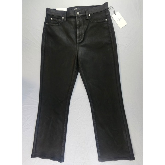 7 For All Mankind Slim Kick Size 31 Crop Black Coated Jeans NWT $248 L373 - Picture 1 of 8